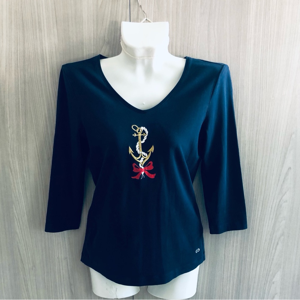 Escada Blue  Crewneck Sweater with Red and Gold Floral Embroidery Anchor. Size S